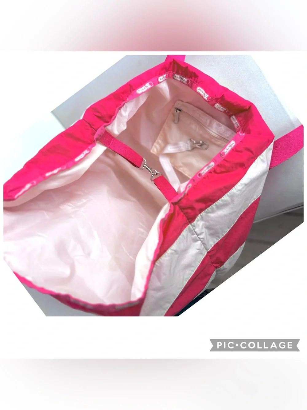 LeSportsac Pink Stripe Nylon Tote Bag Hook Top Large Travel Gym Beach